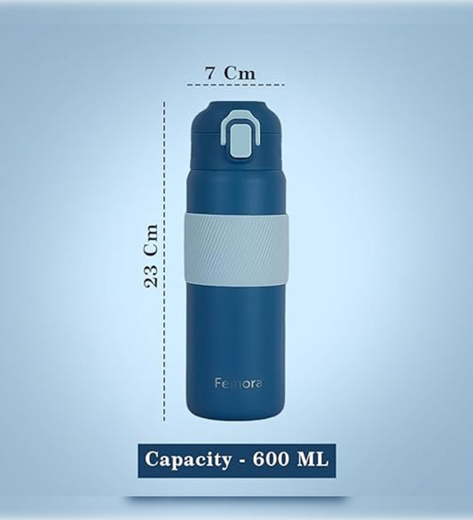 HydroPro Double Walled Stainless Steel Vacuum Insulated Flask Water Bottle, 600 ML, Slate Blue, Femora