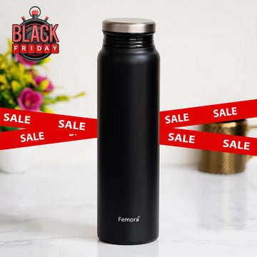 Thermo Steel Vacuum Stainless Steel Bottle, 750 ML, Black, HOT and Cold, Femora