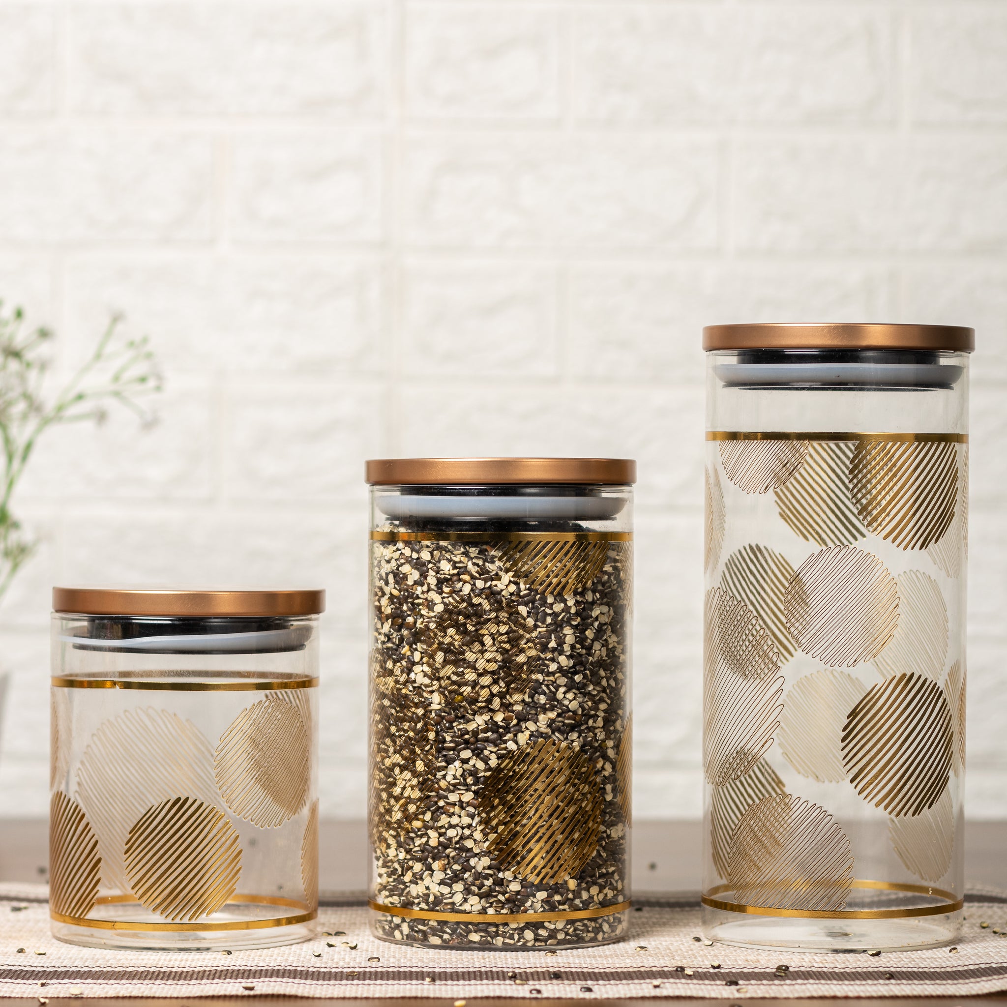 Borosilicate Glass Round Gold Print Kitchen Storage Jar, Airtight Steel Lid, Femora