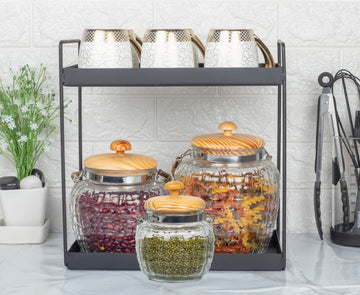Kitchen Storage Jars Embossed Glass Jar With Wooden Lid & Jute Chain Air Tight Jar Femora