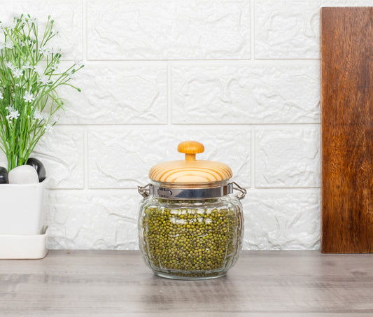 Kitchen Storage Jars Embossed Glass Jar With Wooden Lid & Jute Chain Air Tight Jar Femora