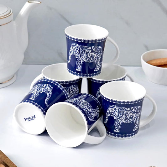 Femora Majestic Elephant Ceramic Tea & Coffee Cups | Royal Blue | Set of 6 | Capacity - 180 ml | Ideal for Home, Gifting & Office Use