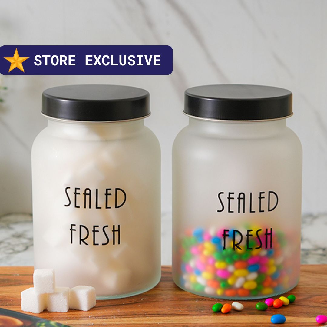 Kitchen Storage Jars Frosted Jar With Black Steel Lid Air Tight Jar Femora 1500 ML Pack Of 2