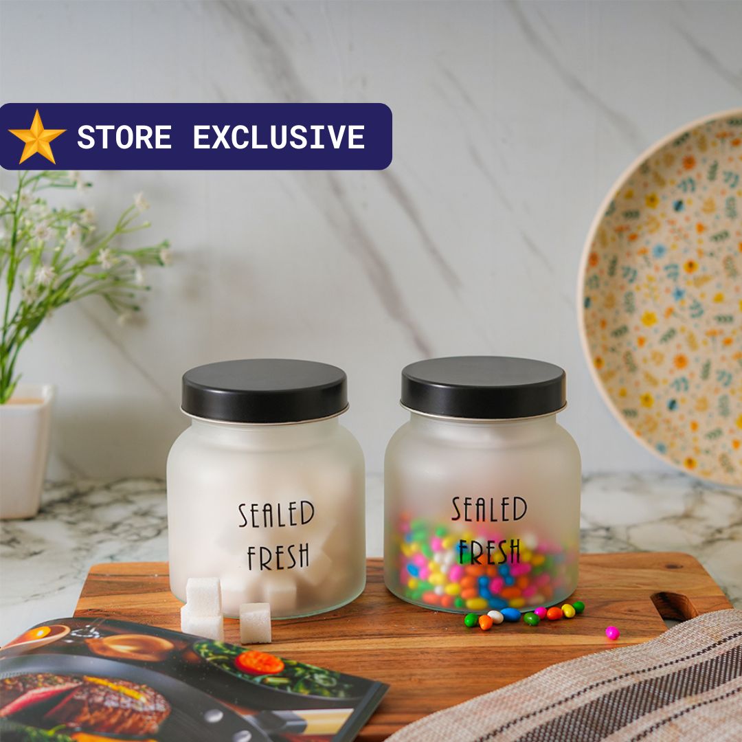 Kitchen Storage Jars Frosted Jar With Black Steel Lid Air Tight Jar Femora 700 ML Pack Of 2