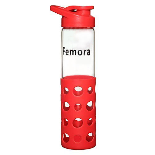 Borosilicate Glass Water Bottle with Red Protective Silicone Sleeve, 700 ML, 1 Pc, Femora