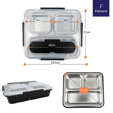 High Steel Container Rectangle Black Lunch Box (3 Pots)