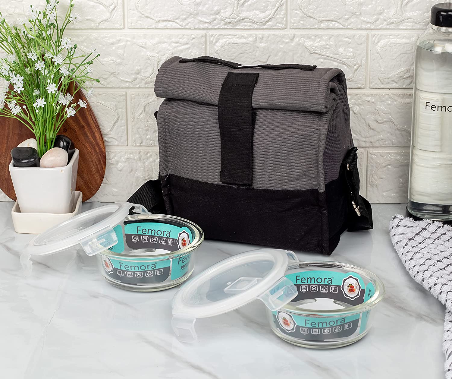 Borosilicate Glass Round Container Grey Black Lunch Box-380 ML X 2, Set of 2