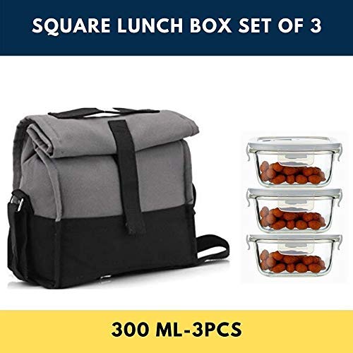 Borosilicate Glass Lunch Box Grey Black Canvas Bag Femora, 300 ML, 3 Pcs