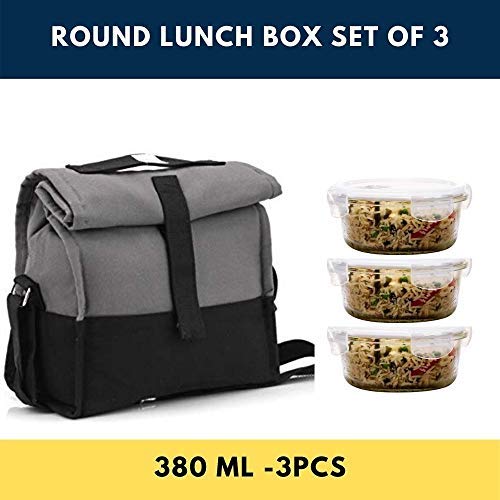 Borosilicate Glass Lunch Box Grey Black Canvas Bag Femora, 380 ML, 3 Pcs