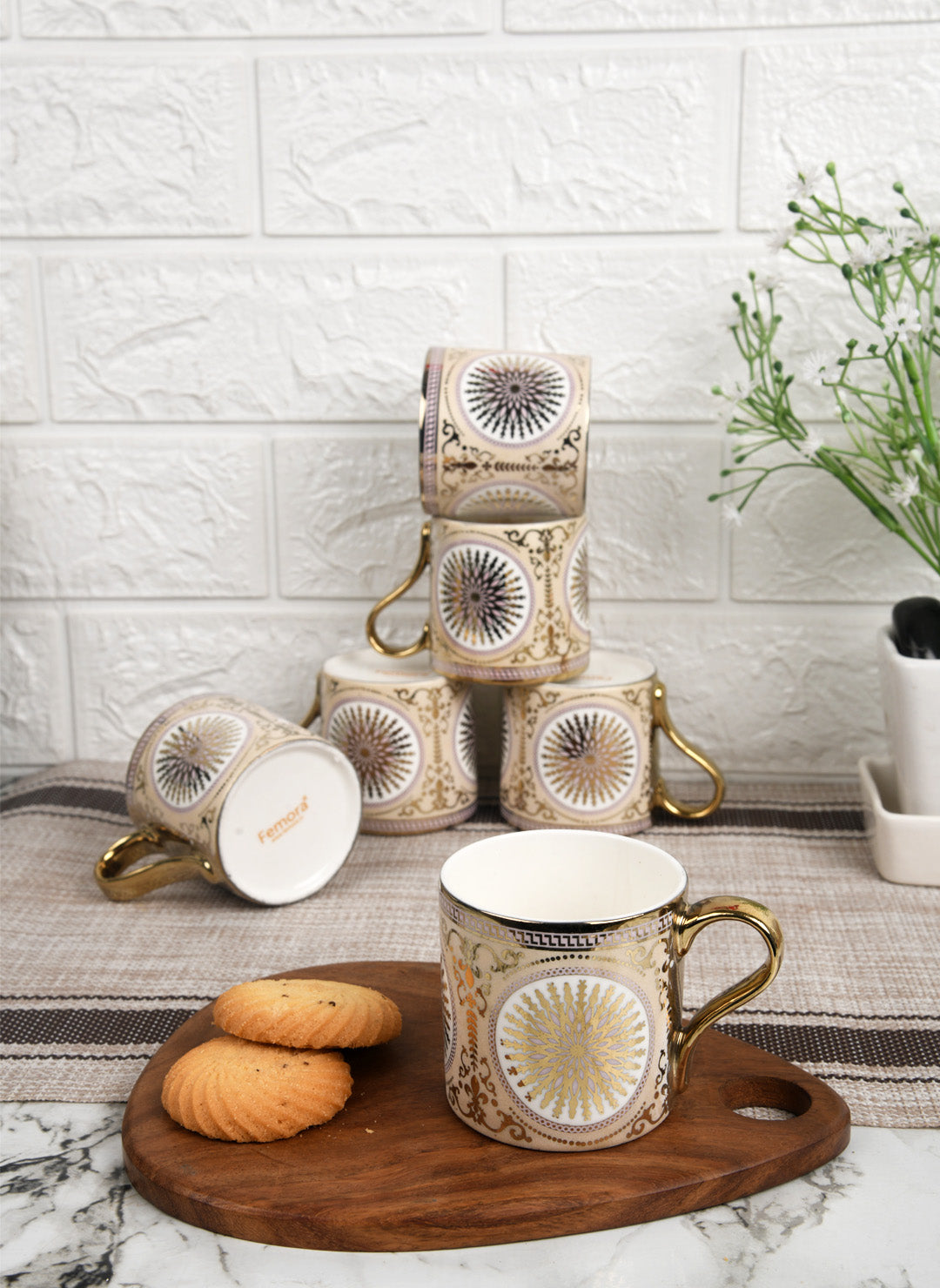 Ceramic Mandala Pattern With Golden Handle Coffee & Tea Cup Set of 6, 180 ML, Femora
