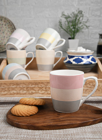 Symmetric Straight Multicolor Lines Coffee & Tea Cup Set of 6, 160 ML, Femora