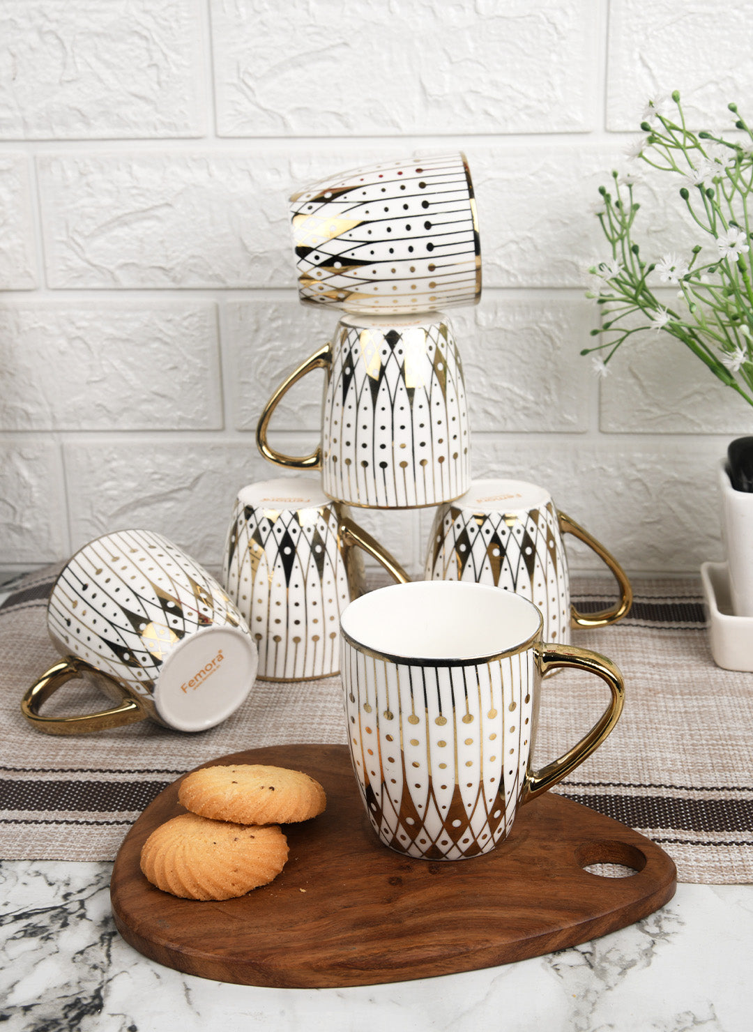 Premium Ceramic Gold Modern Pattern Coffee & Tea Cup Set of 6, 160 ML, Femora