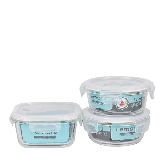 Borosilicate Glass Lunch Box Blue Canvas Bag Femora, 380 ML, 500 ML, 3 Pcs