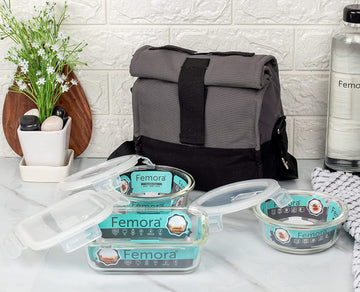 Borosilicate Glass Container Grey Black Lunch Box- Set of 3, Rectangle - 620ML X 1, Round - 380ML X 2