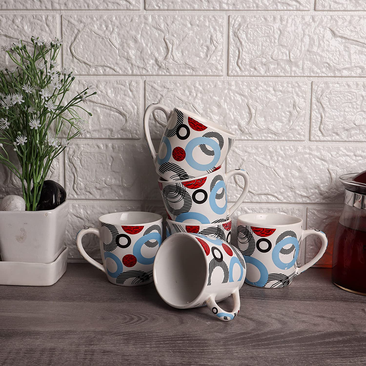 Handcrafted Indian Ceramicware Multi Spiral Tea cups, 190 ML, 6pcs