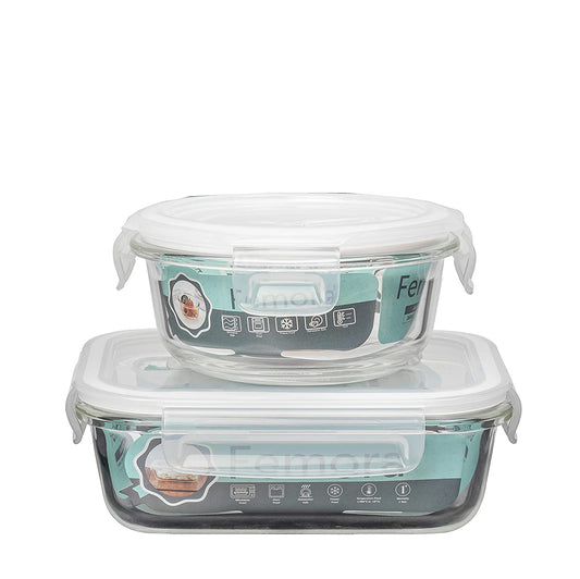 Borosilicate Glass Lunch Box Green Canvas Bag Femora, 380 ML + 620 ML, 2 Pcs