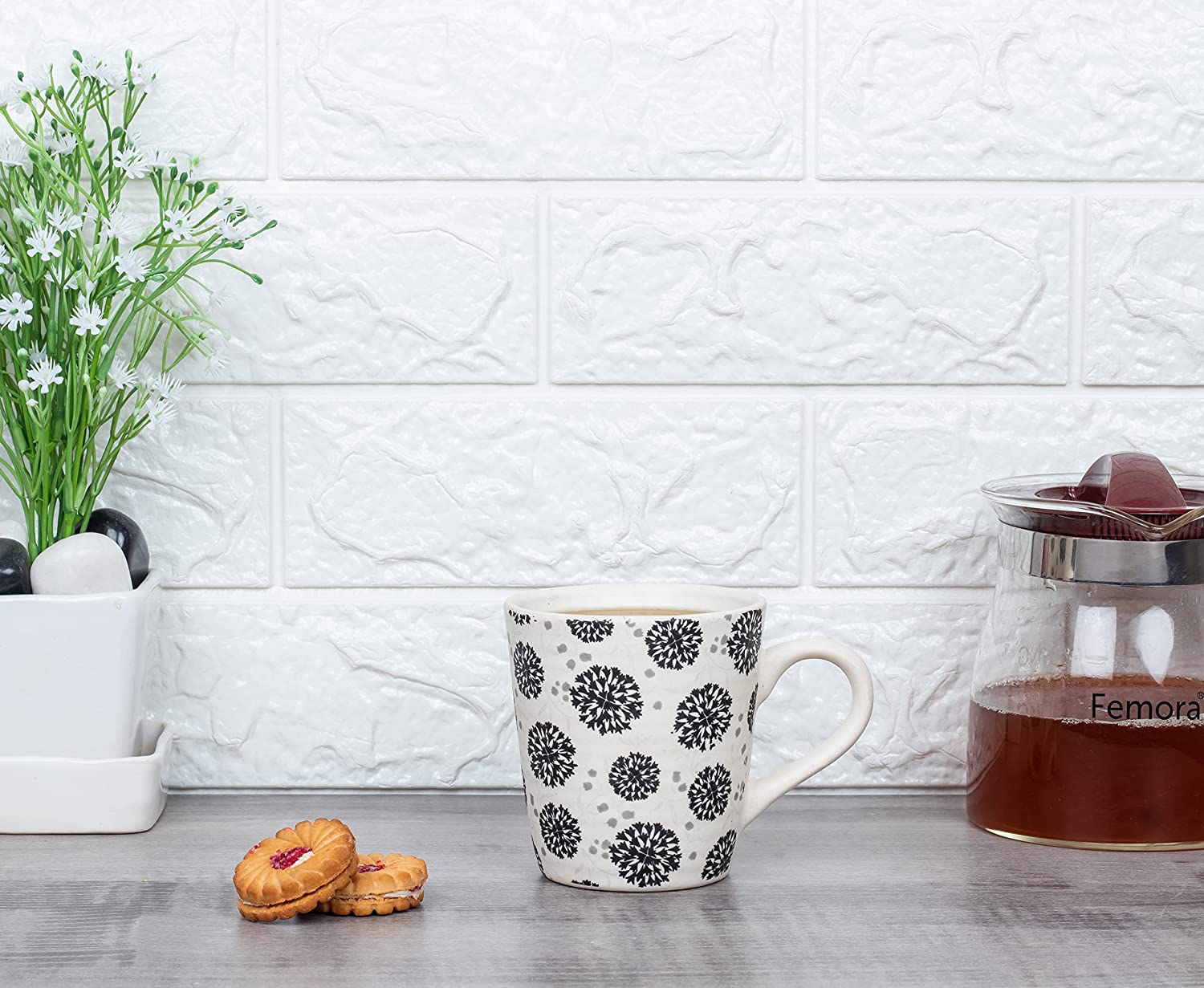 Decal Stoneware Coffee Mugs, 320 Ml, Floral Cracker (Set of 2, Dishwasher Safe)