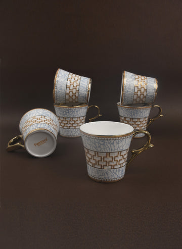 Premium Ceramic Blue Craze Pattern on Golden Tea Cup Set of 6, 160 ML, Femora
