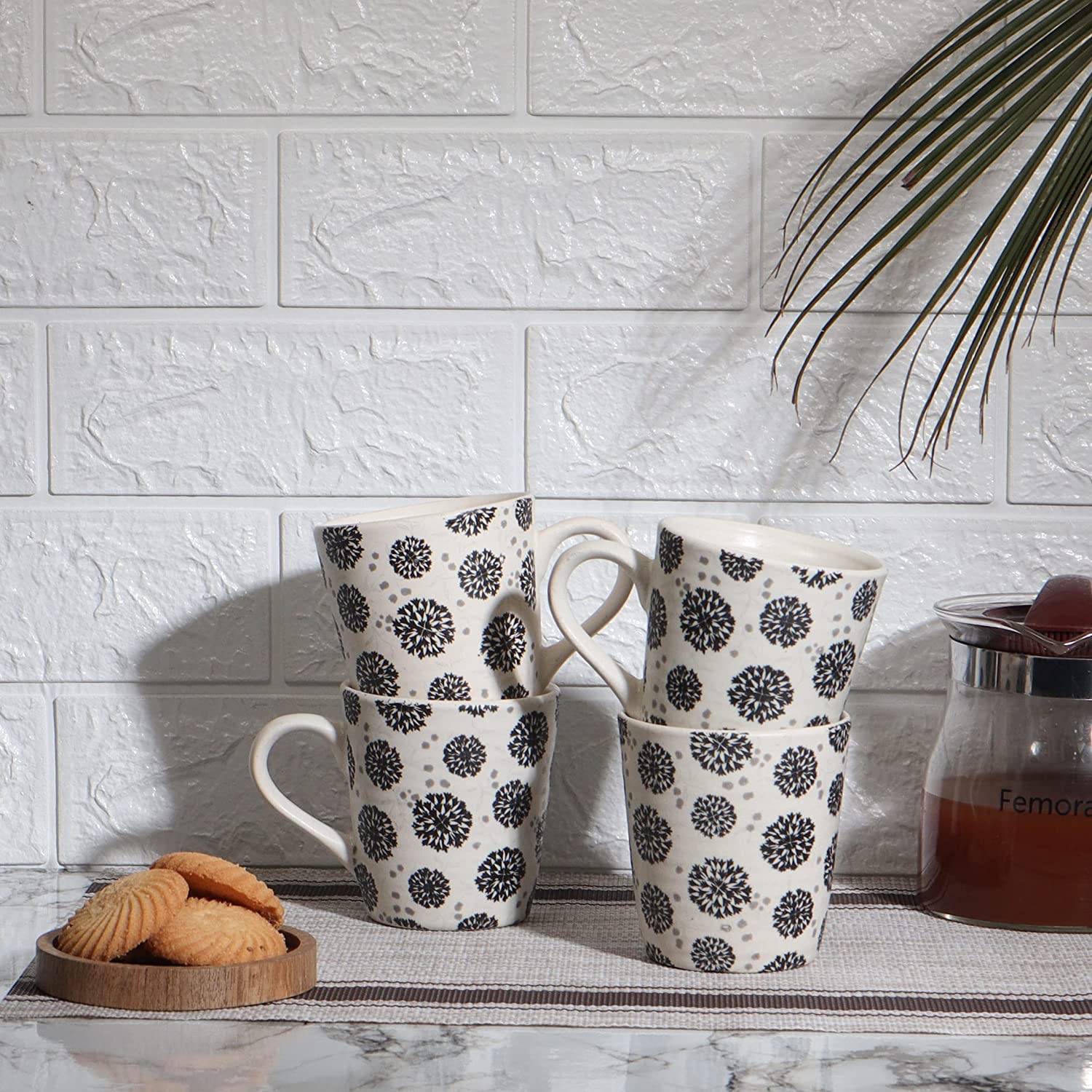 Decal Stoneware Coffee Mugs, 320 Ml, Floral Cracker (Set of 4, Dishwasher Safe)