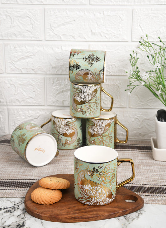Premium Ceramic Peacock Motif with Leaves Pattern Coffee & Tea Cup Set of 6, 180 ML, Femora