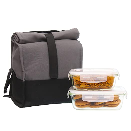 Borosilicate Glass Lunch Box Grey Black Canvas Bag Femora, 620 ML & 400 ML, 2 Pcs