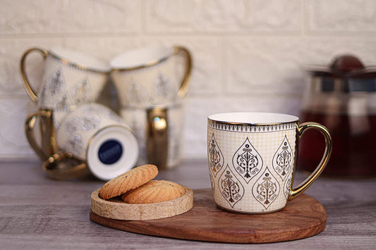 Premium Ceramic Golden Coffee & Tea Cup Set of 6, 190 ML, Femora
