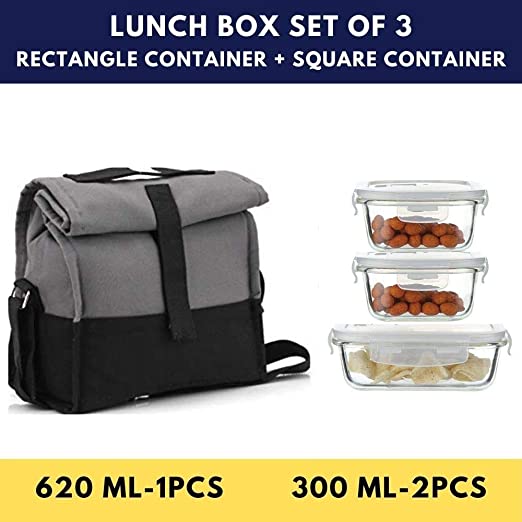 Borosilicate Glass Container Grey Black Lunch Box- Set of 3, Rectangle - 620ML X 1, Square - 300ML X 2