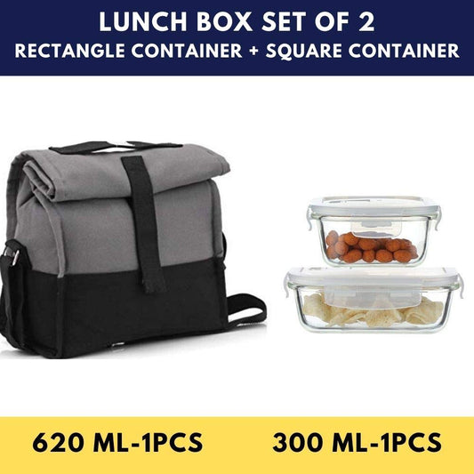 Borosilicate Glass Container Grey Black Lunch Box , Rectangle - 620 ML, Square - 300ML , Set of 2