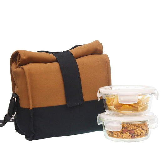 Borosilicate Glass Lunch Box Camel Black Canvas Bag Femora, 380 ML, 2 Pcs