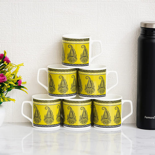 Green Block Print Coffee & Tea Cup Set of 6, 160 ML, Femora