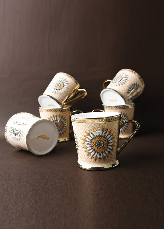 Premium Ceramic Golden Coffee & Tea Cup Set of 6, 180 ML, Femora
