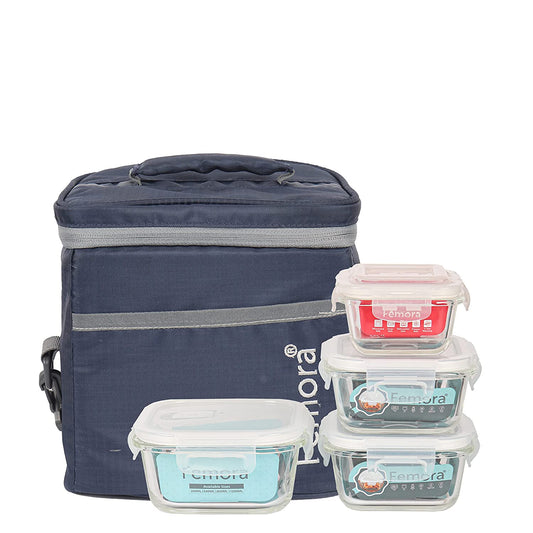 Borosilicate Glass Lunch Box Blue Canvas Bag Femora, 180 ML, 300 ML, 500 ML, 4 Pcs