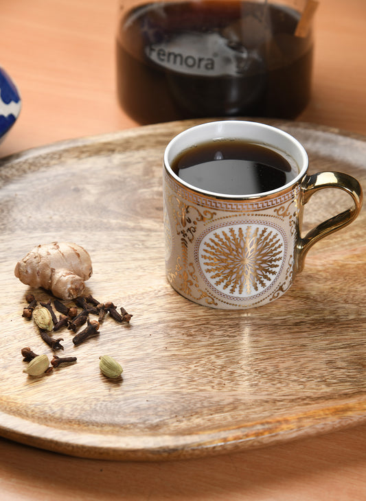 Premium Ceramic Mandala Pattern With Golden Handle Coffee & Tea Cup Set of 6, 180 ML, Femora