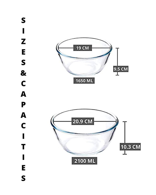 Borosilicate Glass Mixing Bowl Microwave Safe- 1650ml, 2100ml (Set of 2)