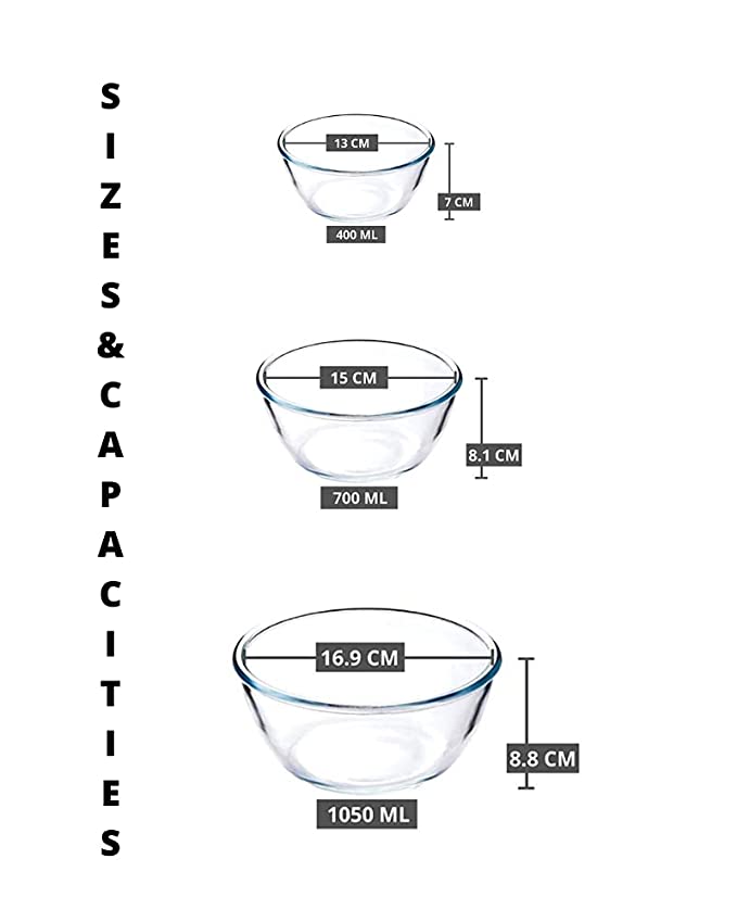 Borosilicate Glass Microwave Safe All-Purpose Mixing Bowls,400 ML, 700 ML, 1050 ML, Set of 3