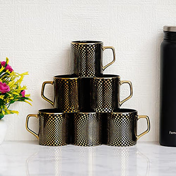 Premium Ceramic Gold Line Coffee & Tea Cup Set of 6, 180 ML, Femora