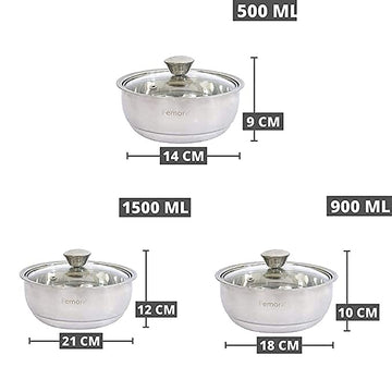 Stainless Steel Curry Server Casserole - 500ml, 900ml, 1500ml, Set of 3