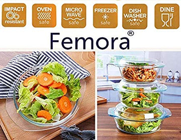 Femora Borosilicate Glass Casserole Deep Round Oven and Microwave Safe Serving Bowl with Glass Lid, 700 ML 1000 ML,Set of 2