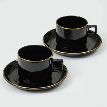 Indian Ceramic Fine Bone China Handmade Black Gold Plated Tea Cup with Saucers (2 Cup, 2 Saucer)
