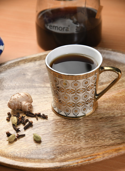 Premium Ceramic Circles with Leaves Pattern Coffee & Tea Cup Set of 6, 180 ML, Femora