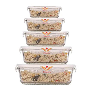 Borosilicate Glass Microwave Safe Rectangle Food Storage Container with Air Vent Lid, 140ml, 400ml, 620 ml, 1000ml, 1500 ml, Set of 5