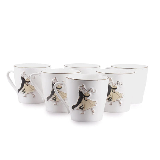 Handcrafted Dancing Couple Pattern Coffee & Tea Cup Set of 6, 160 ML, Femora