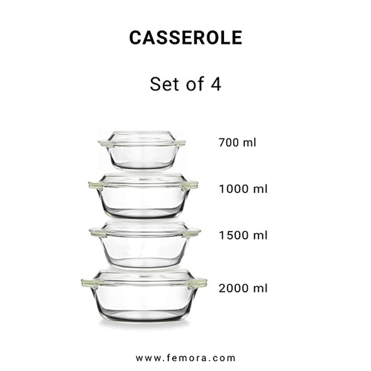 Borosilicate Glass Microwave Safe Multipurpose Casseroles, 700 ml, 1000 ml, 1550 ml, 2000 ml, Set of 4