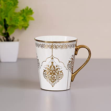 Ceramic  Gold Coffee  Mug , 330 ML, White , Femora