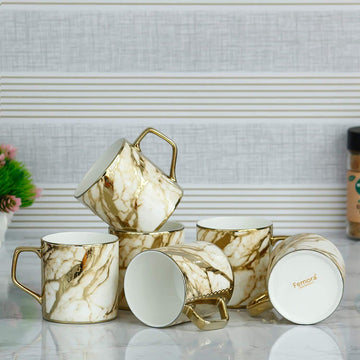 Premium Ceramic Golden Line Coffee & Tea Cup Set of 6, 190 ML, Femora