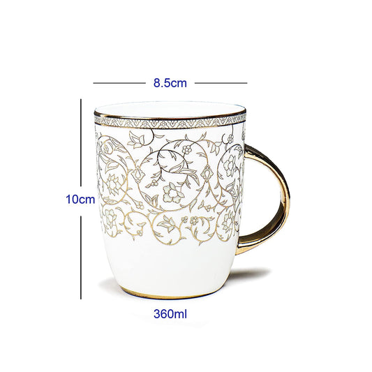 Premium Ceramic Gold Floral Design Coffee & Tea Cup Set of 6, 360 ML, Femora