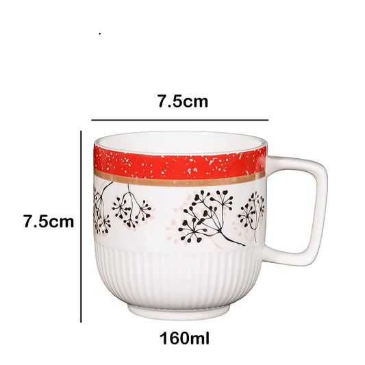 Embossed Red Floral Pattern Coffee & Tea Cup Set of 6, 160 ML, Femora