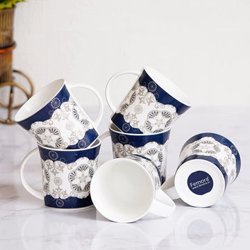 Blue Fine Bone China Handcrafted Design Tea Cup - 6 Pcs,150 ML