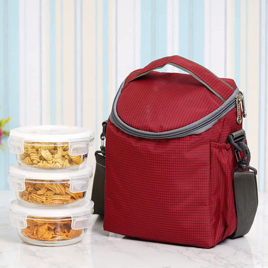 Borosilicate Glass Lunch Box Red Canvas Bag Femora, 380 ML, 3 Pcs
