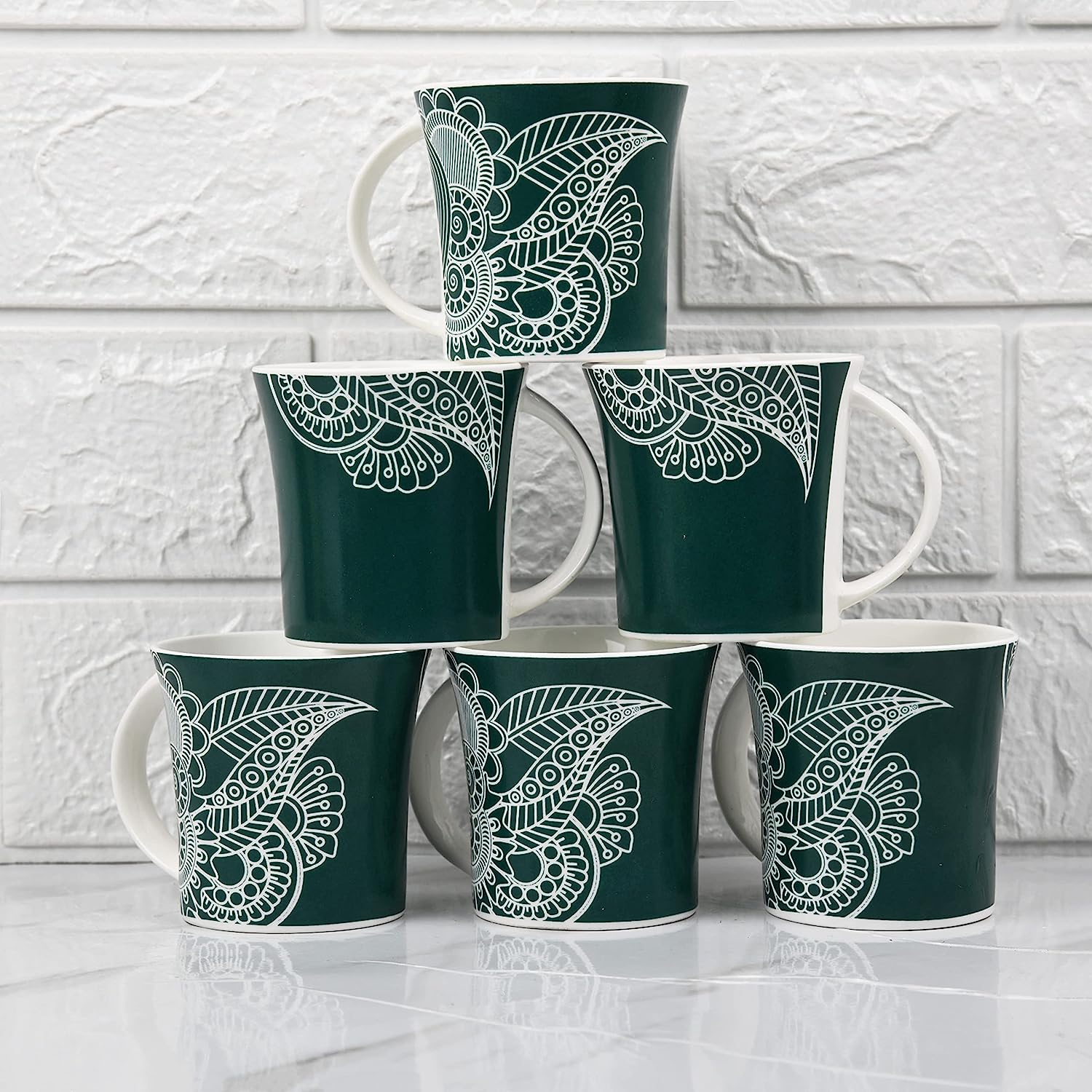 Fine Bone China Turquoise Green Rich Paisley Pattern Tea Mugs, Ceramic Tea Cups, Coffee Mugs (160 ml) - 6 Pcs Set